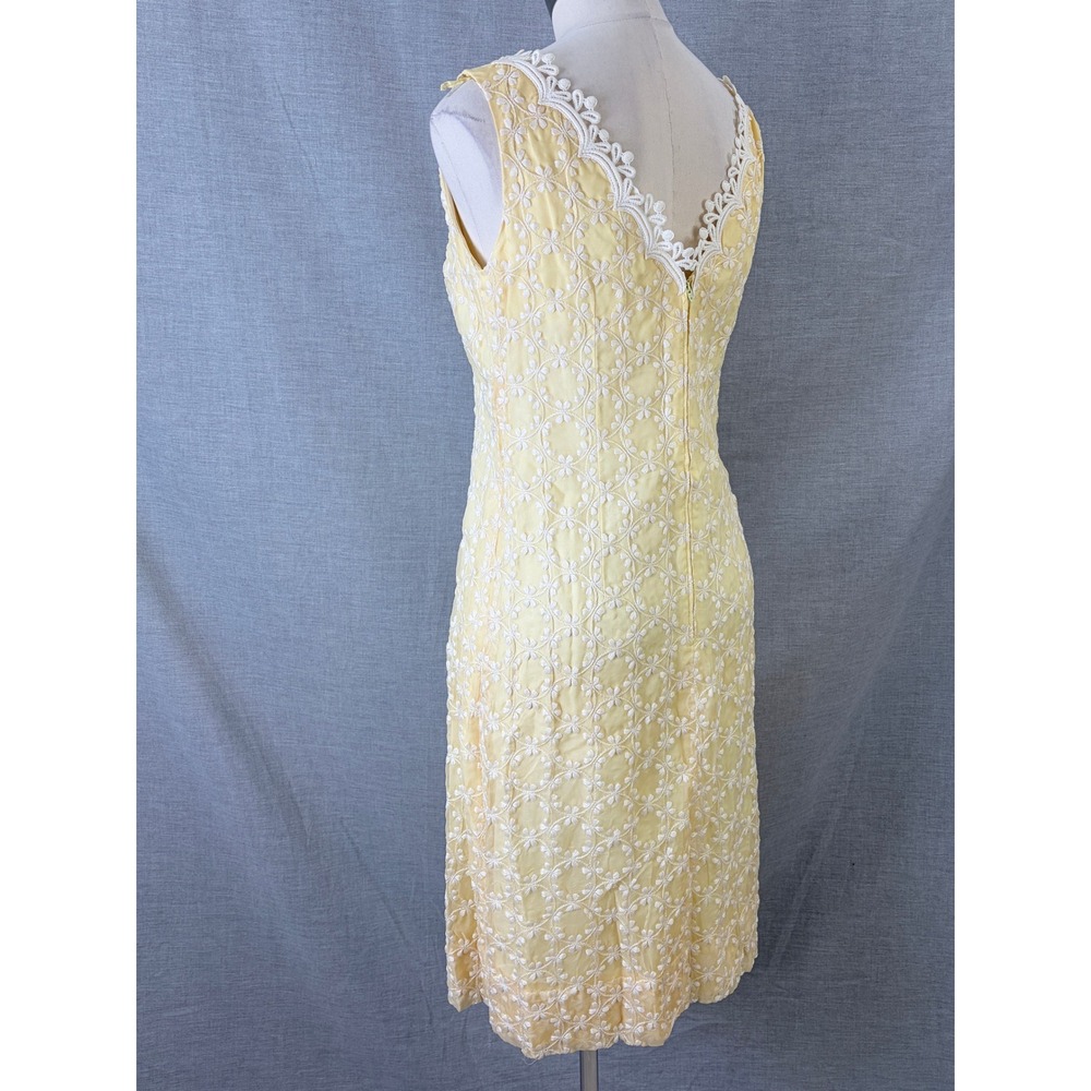 Vintage 1960s Handmade Yellow Lace Overlay Sheath Dress Daisy Trim S - Picture 10 of 11